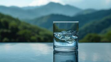 ai generato un' chiaro bicchiere di acqua contro un' montagnoso fondale foto