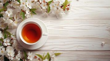 ai generato un' tazza di tè è su tavolo con floreale ciliegia rami grande copyspace la zona foto