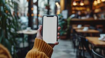 ai generato un' donna di mano Tenere un' Telefono con bianca vuoto schermo a un' caffè negozio foto