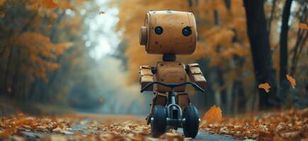 ai generato un' di legno robot su un' bicicletta su il sentiero nel autunno foto