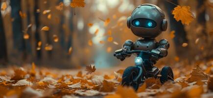 ai generato robot su bicicletta seduta nel il foresta con autunno le foglie foto