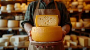 ai generato un' formaggio venditore sta nel un' memorizzare e detiene un' grande ruota di formaggio. foto