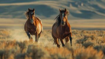 ai generato Due mustang galoppo attraverso un infinito americano campo . foto