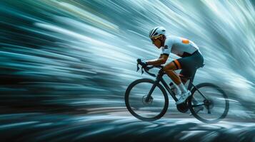 ai generato un' ciclista eccesso di velocità giù un' collina, rivestito nel aerodinamico Ingranaggio, nel un' sfocatura di movimento. foto