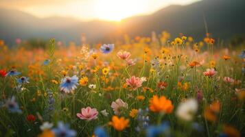 ai generato un' vivace prato di fiori selvatici, un' arazzo di della natura sfumature, bagnata nel il dolce sole. foto