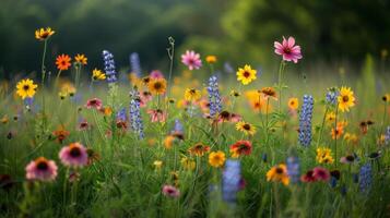 ai generato un' vivace prato di fiori selvatici, un' arazzo di della natura sfumature, bagnata nel il dolce sole. foto