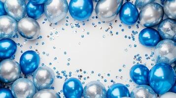 ai generato bellissimo sfondo con blu e argento gonfiabile palloncini. foto