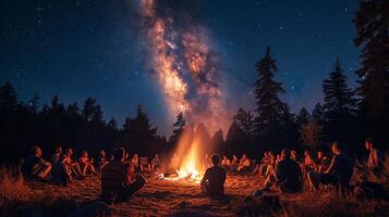 ai generato fuoco di bivacco storie sotto un' stellato cielo, facce illuminato di il caldo splendore di scoppiettante fiamme foto