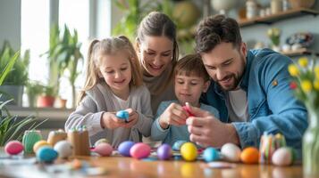 ai generato gioioso famiglia pittura vivace Pasqua uova, aggiungendo colori per loro festivo casa arredamento foto