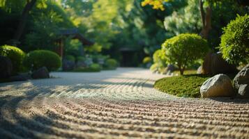 ai generato tranquillo zen giardino con rastrellato ghiaia linee, incarnando serenità e semplicità nel natura. foto