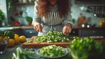 ai generato donna nel il cucina preparazione sedano e verde cipolla insalata. foto