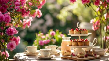 ai generato un' affascinante giardino festa con tè e torte, circondato di fioritura fiori nel pieno primavera fioritura. foto