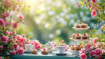 ai generato un' affascinante giardino festa con tè e torte, circondato di fioritura fiori nel pieno primavera fioritura. foto