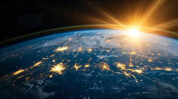 ai generato un' mozzafiato Visualizza di terra a partire dal spazio, con continenti e oceani illuminato di luce del sole. foto