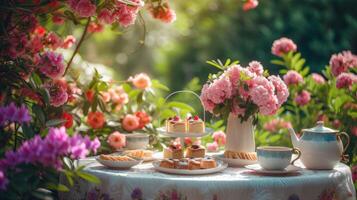 ai generato un' affascinante giardino festa con tè e torte, circondato di fioritura fiori nel pieno primavera fioritura. foto