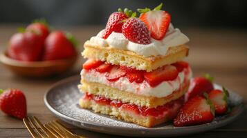 ai generato un' soffice fragola crostata, strati di spugna torta, fresco fragole, e frustato crema. foto