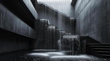 ai generato astratto Visualizza di un urbano atrio, un' a cascata cascata in mezzo acciaio e calcestruzzo dintorni. foto