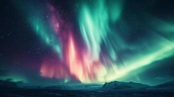 ai generato il aurora Borealis pittura il polare cieli con vivace tonalità di verde e rosa. foto