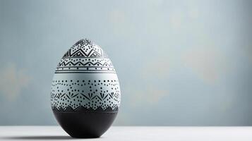 ai generato un' minimalista Pasqua uovo con intricato geometrico modelli nel smorzato toni, riposo su un' morbido grigio superficie. foto