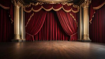 ai generato un' vacante Teatro palcoscenico circondato di ornato oro le tende e un' maestoso rosso velluto sfondo. foto