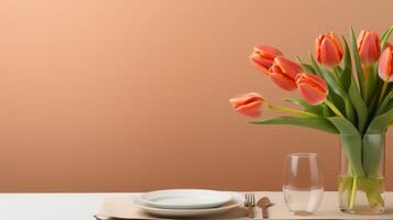 ai generato un elegante Pasqua tavolo ambientazione ornato con un' solitario, ad arte disposte tulipano come il centrotavola. foto