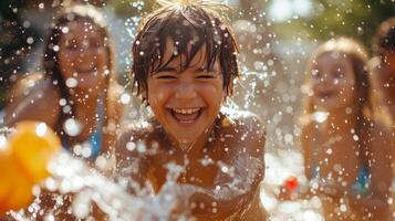 ai generato famiglia membri avendo un' acqua combattimento durante primavera pulizia, spruzzi di gioia ovunque foto