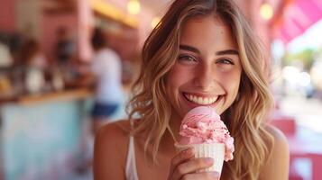 ai generato un' giovane donna assaporando un' notizia in anticipo di gelato, sua occhi riflettendo puro felicità foto