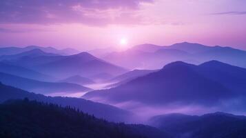 ai generato montagna nebbia a alba. occhiali da sole di viola e blu avvolto nel nebbia evocare il maestà di montagne a Alba. foto