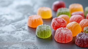 ai generato un' collezione di di dimensioni ridotte gelatina caramelle, in mostra loro lucido foto