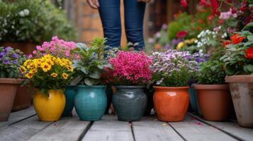 ai generato un' commesso giardino appassionato organizzazione colorato in vaso impianti su un' pittoresco terrazza foto