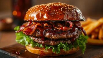 ai generato un' acquolina in bocca Bacon hamburger sormontato con croccante Bacon strisce, lattuga foto