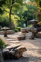 ai generato un' tranquillo, calmo giapponese giardino con meticolosamente rastrellato ghiaia e sereno pietra lanterne foto
