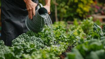 ai generato un' qualificato giardiniere con grazia irrigazione un' riga di fiorente verdure nel loro Giardino dietro la casa oasi foto