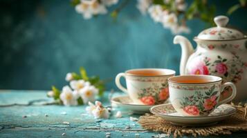 ai generato un elegante tè impostato con delicato porcellana tazze, piattini, e un' floreale teiera foto