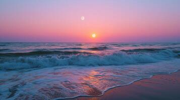 ai generato il mare dolce ninnananna accompagna il di luna salita, la creazione di un incantevole paesaggio marino foto