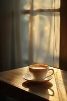 ai generato un' contemplativo momento con un' tazza di caffè, bagnata nel morbido, diffuso leggero foto