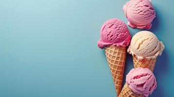 ai generato color pastello ghiaccio crema coni su un' semplice sfondo evocare il gioia foto