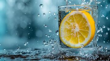 ai generato un' Limone metà tuffa in un' cristallino bicchiere di acqua, cattura un' rinfrescante momento foto