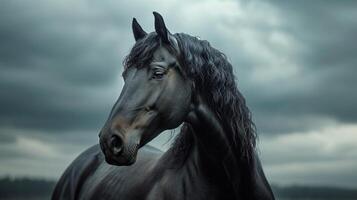 ai generato un' potente, ebano cavallo sta alto contro un' drammatico, nuvoloso cielo foto