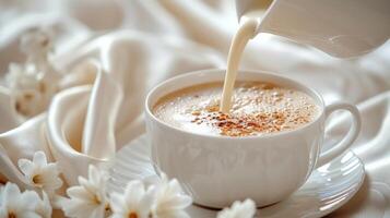 ai generato un' tranquillo scena di latte essere versato in un' tazza di caffè, mescolanza insieme con eleganza foto