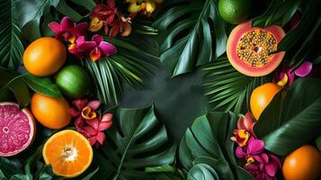 ai generato un' scoppiare di tropicale fogliame e vivace frutta impostato il palcoscenico per un' vivace foto