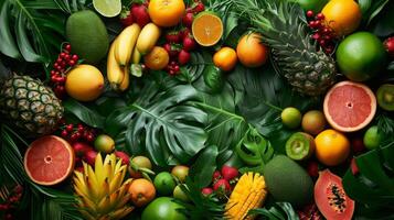 ai generato un' scoppiare di tropicale fogliame e vivace frutta impostato il palcoscenico per un' vivace foto