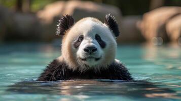 ai generato un' panda gode un' senza fretta bagnare nel un' freddo, rinfrescante piscina. grande copyspace la zona foto