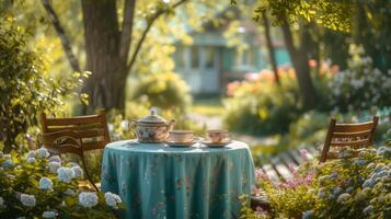 ai generato un' accogliente all'aperto tè festa impostato in mezzo un' giardino di gemmazione fioriture foto