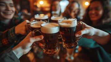 ai generato accogliente immagini di persone raccolta pinte di guinness nel toast per st. Patrick giorno e irlandesi eredità foto