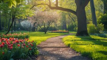 ai generato idilliaco cattura di senza fretta passeggiate attraverso fioritura giardini e verdeggiante parchi su Pasqua Lunedi foto