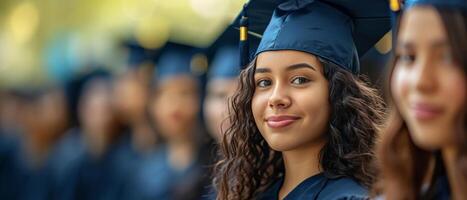 ai generato un' femmina Università alunno indossare la laurea cappelli e abiti foto