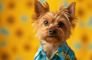 ai generato un' piccolo cane nel un' blu e giallo camicia foto