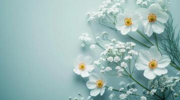 ai generato essenza di natura catturato nel un' minimalista fondale ornato con delicato fiori foto