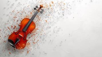 ai generato minimalista sfondo con un' violino e sparpagliato musicale Appunti, evocando un' senso di musicale armonia foto